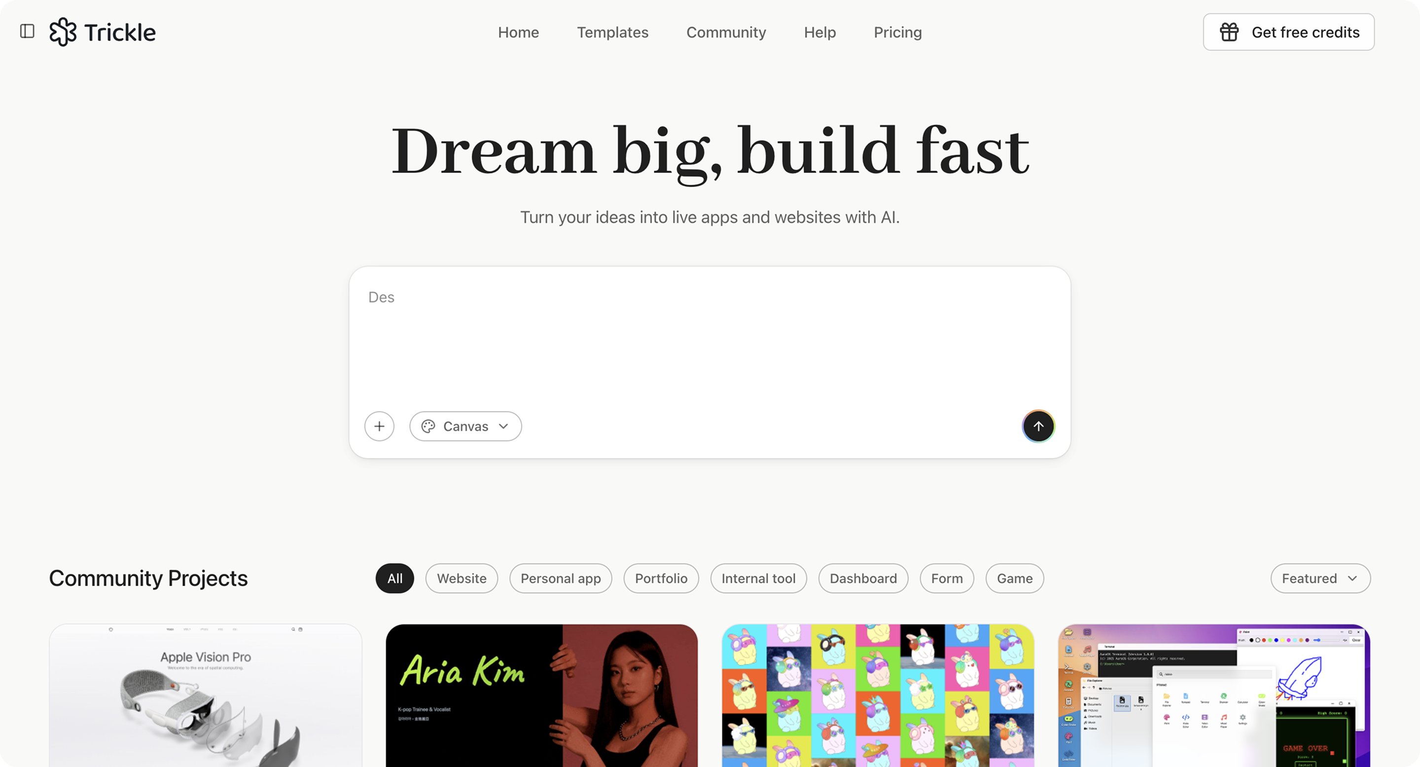 Trickle home page showing AI app builder interface with community projects